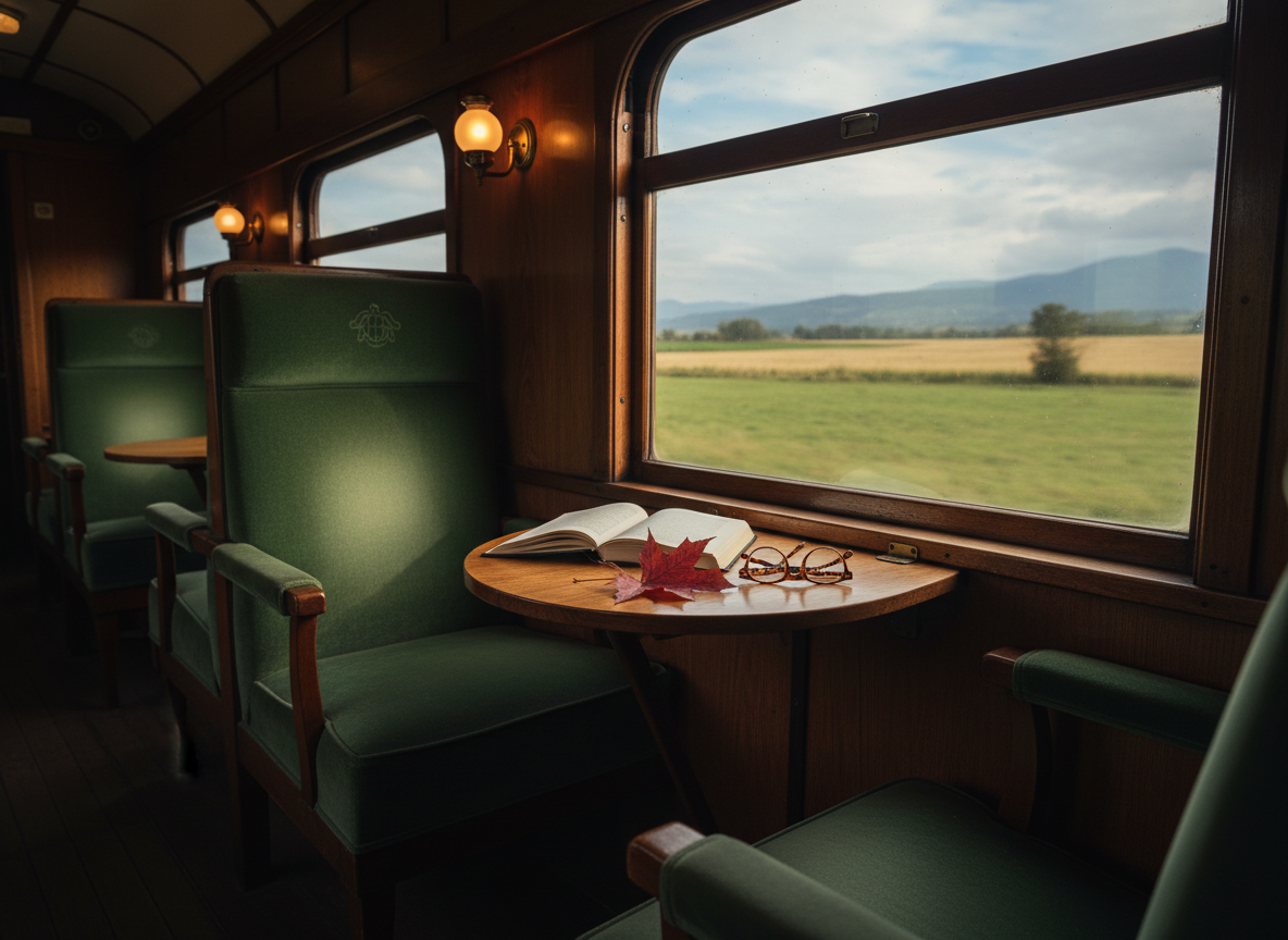 An old wooden train carriage interior reveals plush, deep-green velvet seats facing a large window that opens onto a blurred, slowly passing landscape of fields and distant mountains. On a small fold-out table, a hardcover journal with a subtle tortoise emblem, a pair of tortoise-shell reading glasses, and a single pressed leaf create a vignette of quiet contemplation. Warm, directional light from a brass wall sconce blends with cool, natural daylight from the window, casting layered shadows and soft reflections on the polished wood. Photographic realism, captured from a seated, human-eye perspective with a moderate depth of field, crafting an intimate, sophisticated mood that celebrates lingering journeys over haste.